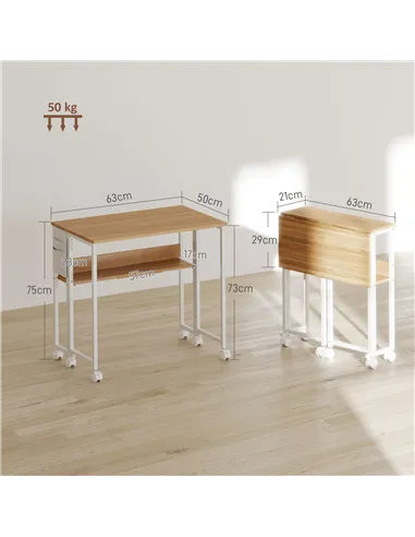 HOMCOM 63 cm Drop Leaf Writing Work Desk - Natural Wood Finish