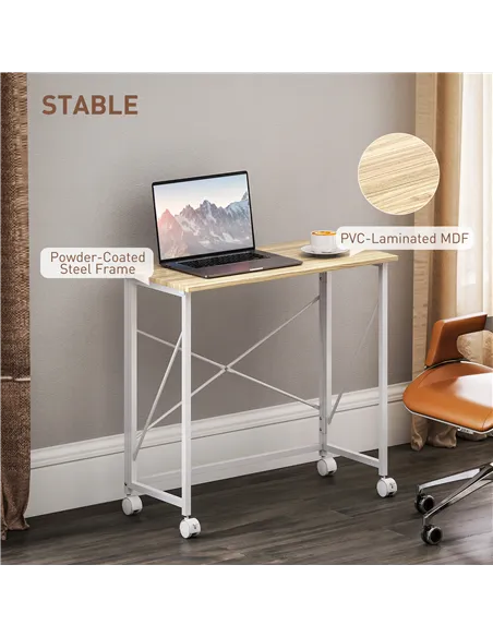 HOMCOM 80 cm Folding Desk on Wheels - Natural Tone