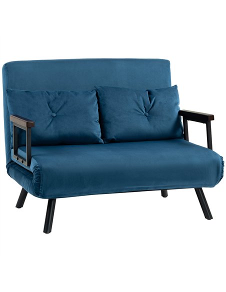 HOMCOM 4-in-1 Velvet-Feel Double Sofa Bed, with Pillows - Blue