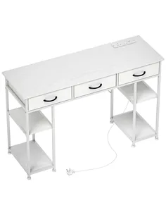 HOMCOM 120cm Computer Desk with Power Outlets, Office Desk Study Table with 3 Fabric Drawers and 4 Storage Shelves, White