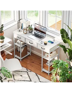 HOMCOM 120cm Computer Desk with Power Outlets, Office Desk Study Table with 3 Fabric Drawers and 4 Storage Shelves, White 2