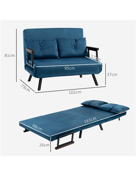 HOMCOM 4-in-1 Velvet-Feel Double Sofa Bed, with Pillows - Blue