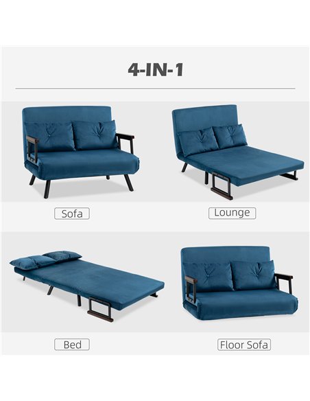 HOMCOM 4-in-1 Velvet-Feel Double Sofa Bed, with Pillows - Blue