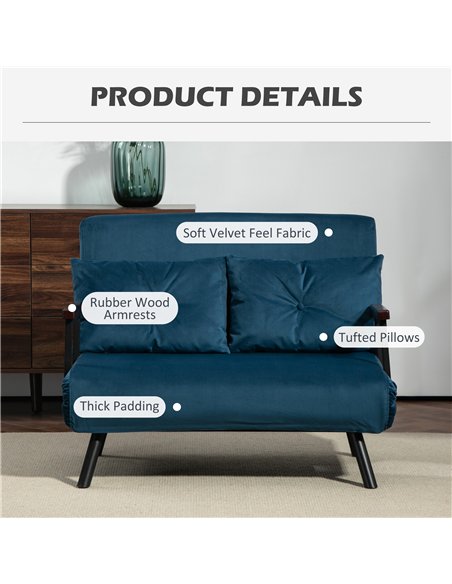 HOMCOM 4-in-1 Velvet-Feel Double Sofa Bed, with Pillows - Blue