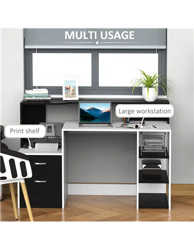 HOMCOM Computer Desk with Drawers and Storage Shelves, Office Desk Writing Table with Printer Stand, Large Workstation for Study