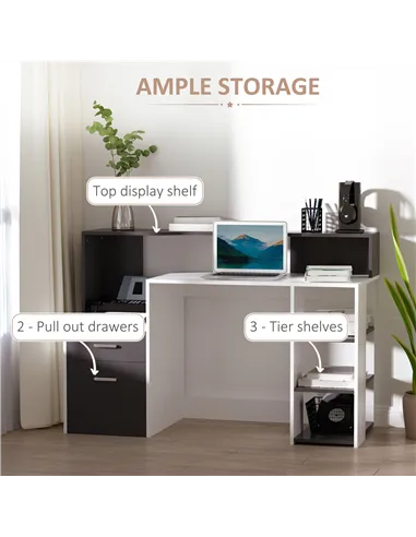 HOMCOM Computer Desk with Drawers and Storage Shelves, Office Desk Writing Table with Printer Stand, Large Workstation for Study