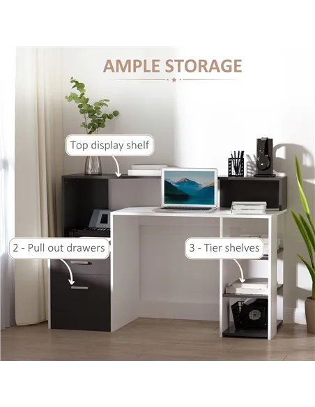 HOMCOM Computer Desk with Drawers and Storage Shelves, Office Desk Writing Table with Printer Stand, Large Workstation for Study