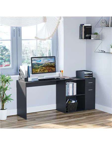 HOMCOM L-Shaped Desk, Corner Computer Desk, Adjustable Study Table with Storage Shelf, Drawer and Cabinet, Workstation for Home 