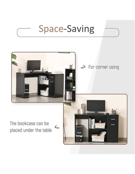 HOMCOM L-Shaped Desk, Corner Computer Desk, Adjustable Study Table with Storage Shelf, Drawer and Cabinet, Workstation for Home 