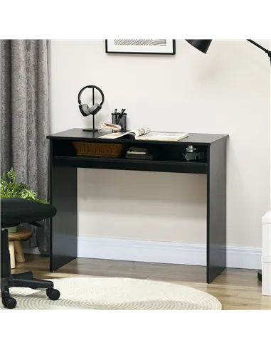 HOMCOM Modern Computer Desk, Home Office Table, Small Writing Desk with Storage Shelf, 90 x 50cm, Black Wood Grain