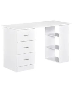 HOMCOM Computer Desk, Writing Table, PC Workstation with 3 Storage Shelves and Drawers, Silver Handle, for Home Office, White