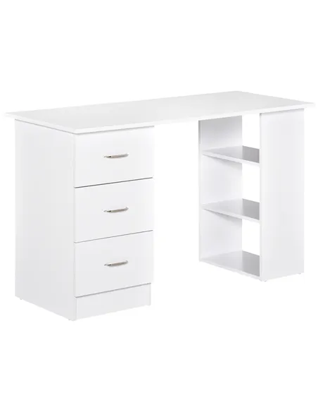HOMCOM Computer Desk, Writing Table, PC Workstation with 3 Storage Shelves and Drawers, Silver Handle, for Home Office, White