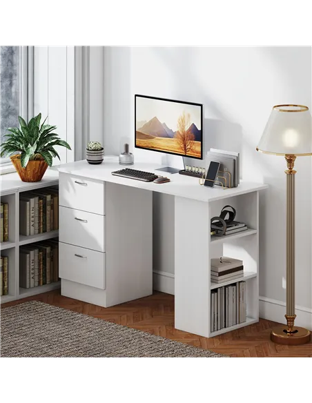 HOMCOM Computer Desk, Writing Table, PC Workstation with 3 Storage Shelves and Drawers, Silver Handle, for Home Office, White