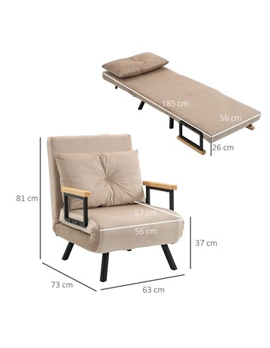 HOMCOM 4-in-1 Velvet-Feel Single Chair Bed, with Pillow - Beige