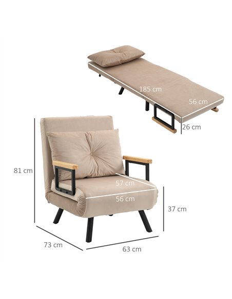 HOMCOM 4-in-1 Velvet-Feel Single Chair Bed, with Pillow - Beige