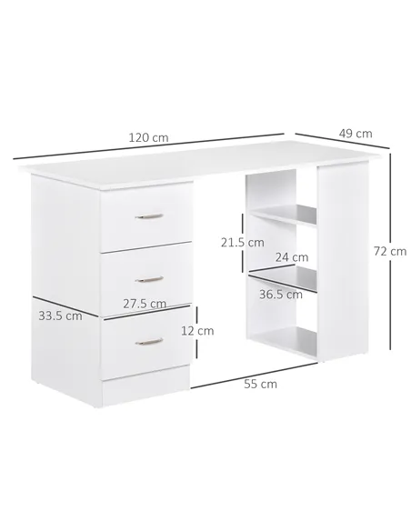 HOMCOM Computer Desk, Writing Table, PC Workstation with 3 Storage Shelves and Drawers, Silver Handle, for Home Office, White