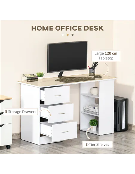 HOMCOM Computer Desk, Writing Table, PC Workstation with 3 Storage Shelves and Drawers, Silver Handle, for Home Office, White
