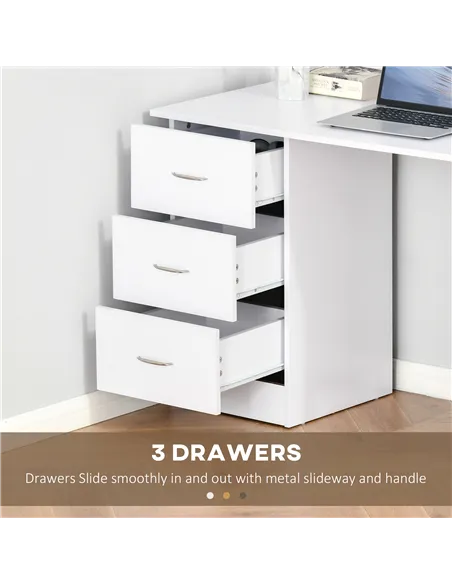 HOMCOM Computer Desk, Writing Table, PC Workstation with 3 Storage Shelves and Drawers, Silver Handle, for Home Office, White