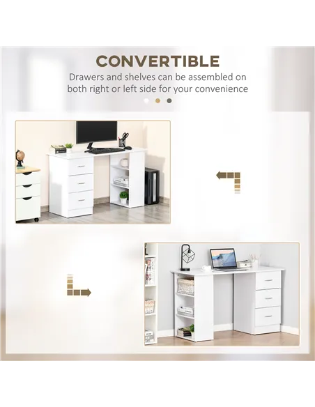 HOMCOM Computer Desk, Writing Table, PC Workstation with 3 Storage Shelves and Drawers, Silver Handle, for Home Office, White