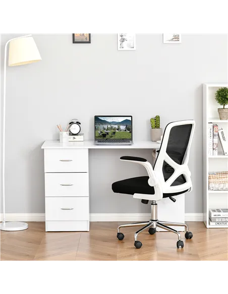HOMCOM Computer Desk, Writing Table, PC Workstation with 3 Storage Shelves and Drawers, Silver Handle, for Home Office, White