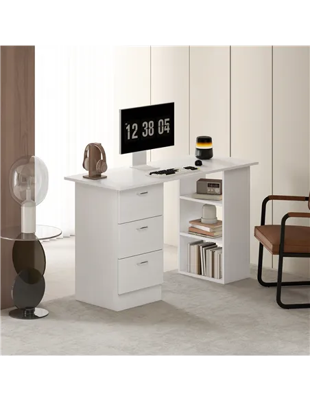 HOMCOM Computer Desk, Writing Table, PC Workstation with 3 Storage Shelves and Drawers, Silver Handle, for Home Office, White