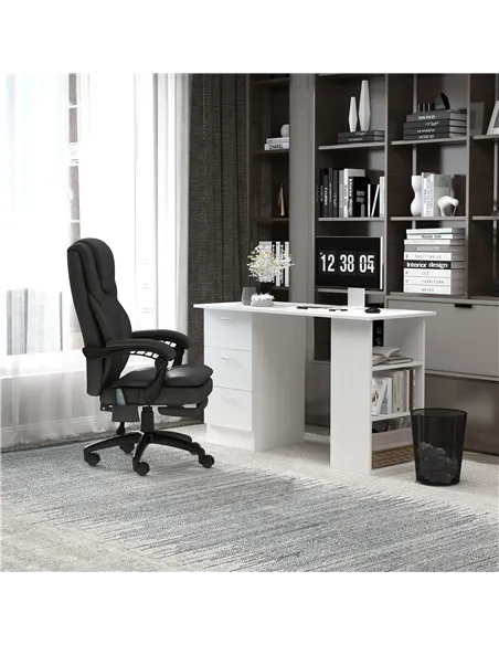 HOMCOM Computer Desk, Writing Table, PC Workstation with 3 Storage Shelves and Drawers, Silver Handle, for Home Office, White