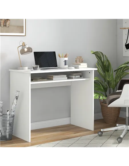 HOMCOM Modern Computer Desk, Home Office Table, Small Writing Desk with Storage Shelf, 90 x 50cm, White Wood Grain