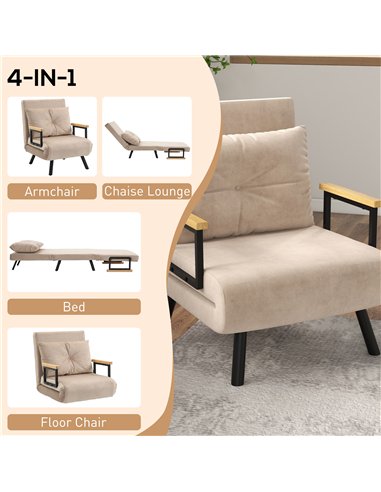 HOMCOM 4-in-1 Velvet-Feel Single Chair Bed, with Pillow - Beige