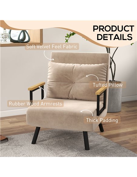 HOMCOM 4-in-1 Velvet-Feel Single Chair Bed, with Pillow - Beige