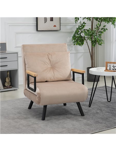 HOMCOM 4-in-1 Velvet-Feel Single Chair Bed, with Pillow - Beige