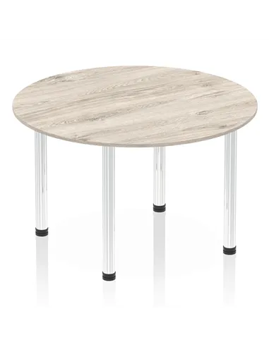 Dynamic Impulse 1200mm Round Table Grey Oak Top Chrome Post Leg I003776
