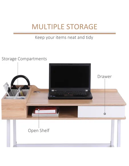 HOMCOM Computer Desk, Writing Desk, Study Workstation with Drawer, Storage Compartments, Cable Management, Laptop Table, Metal F