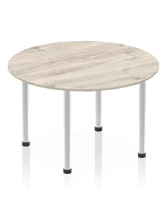 Dynamic Impulse 1200mm Round Table Grey Oak Top Brushed Aluminium Post Leg I003782