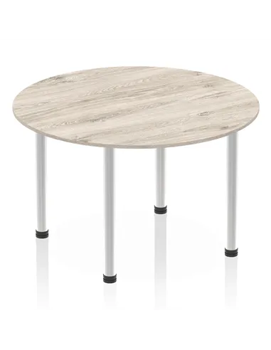 Dynamic Impulse 1200mm Round Table Grey Oak Top Brushed Aluminium Post Leg I003782