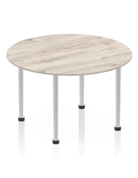 Dynamic Impulse 1200mm Round Table Grey Oak Top Brushed Aluminium Post Leg I003782