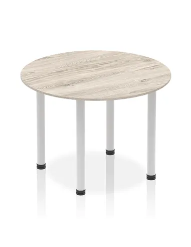 Dynamic Impulse 1000mm Round Table Grey Oak Top Silver Post Leg I003795