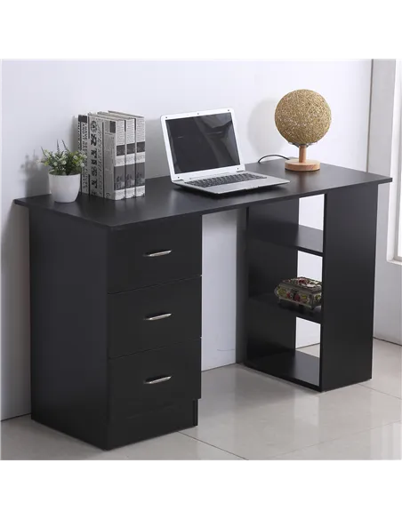 HOMCOM Computer Desk, Writing Table, PC Workstation with 3 Storage Shelves and Drawers, Silver Handle, for Home Office, Black