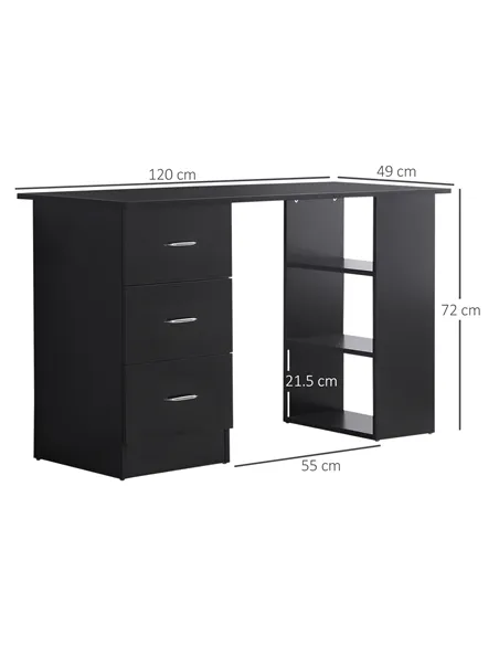 HOMCOM Computer Desk, Writing Table, PC Workstation with 3 Storage Shelves and Drawers, Silver Handle, for Home Office, Black