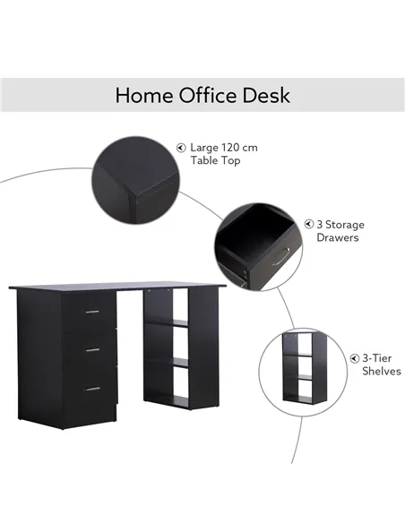 HOMCOM Computer Desk, Writing Table, PC Workstation with 3 Storage Shelves and Drawers, Silver Handle, for Home Office, Black