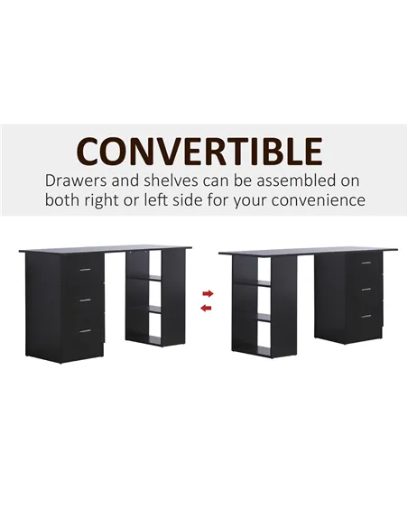 HOMCOM Computer Desk, Writing Table, PC Workstation with 3 Storage Shelves and Drawers, Silver Handle, for Home Office, Black
