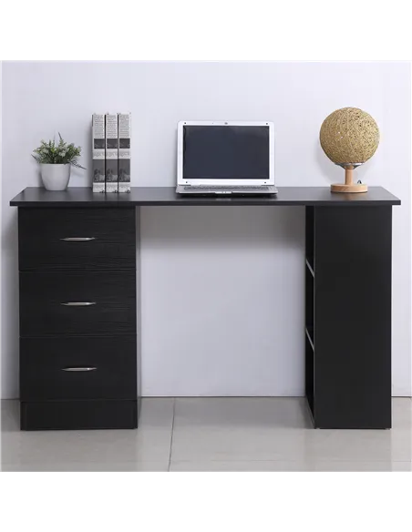 HOMCOM Computer Desk, Writing Table, PC Workstation with 3 Storage Shelves and Drawers, Silver Handle, for Home Office, Black
