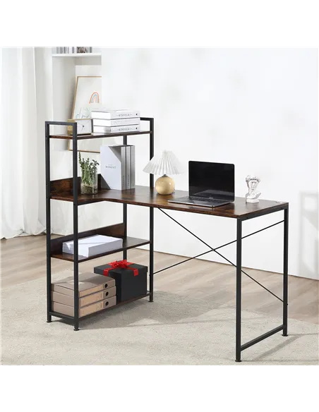 HOMCOM Office Desk with Storage Shelves, 120 CM Computer Desk, Industrial Study Table with Metal Frame for Home Office Small Spa