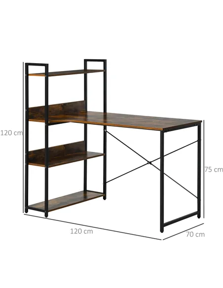 HOMCOM Office Desk with Storage Shelves, 120 CM Computer Desk, Industrial Study Table with Metal Frame for Home Office Small Spa