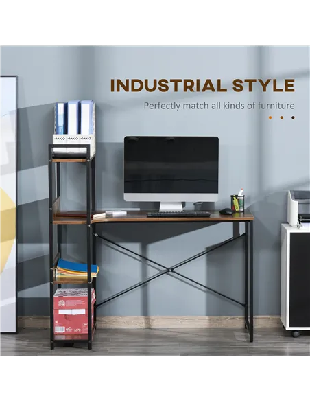 HOMCOM Office Desk with Storage Shelves, 120 CM Computer Desk, Industrial Study Table with Metal Frame for Home Office Small Spa
