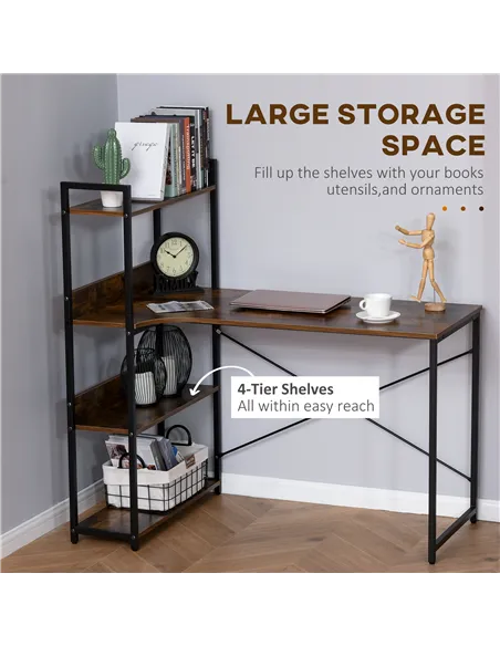 HOMCOM Office Desk with Storage Shelves, 120 CM Computer Desk, Industrial Study Table with Metal Frame for Home Office Small Spa