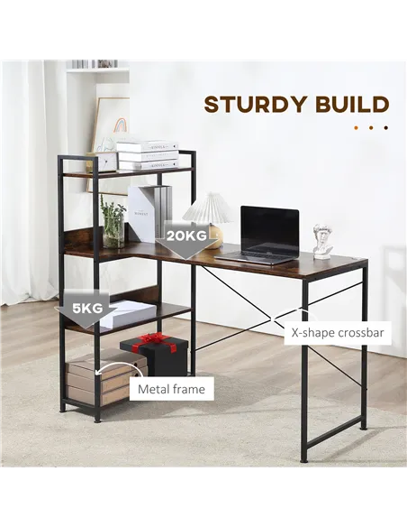 HOMCOM Office Desk with Storage Shelves, 120 CM Computer Desk, Industrial Study Table with Metal Frame for Home Office Small Spa