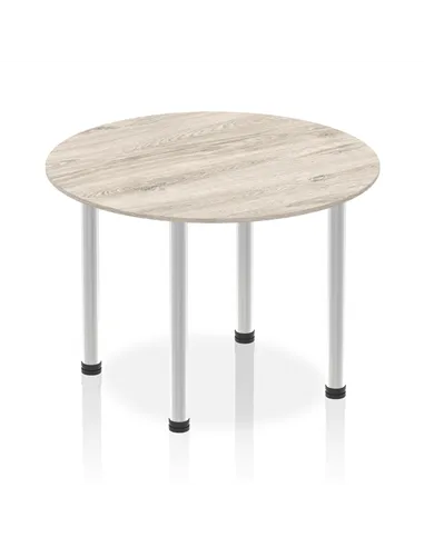 Dynamic Impulse 1000mm Round Table Grey Oak Top Brushed Aluminium Post Leg I003764