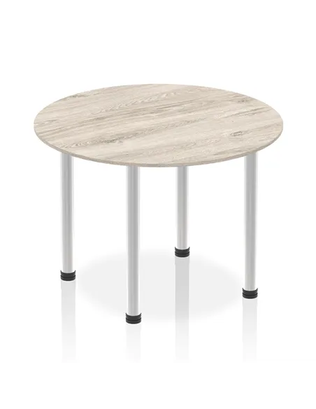 Dynamic Impulse 1000mm Round Table Grey Oak Top Brushed Aluminium Post Leg I003764