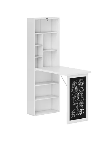 HOMCOM Wall Mounted Computer Desk, Folding Study Table with Black Board and Bookshelf, Multifunctional Floating Writing Desk for