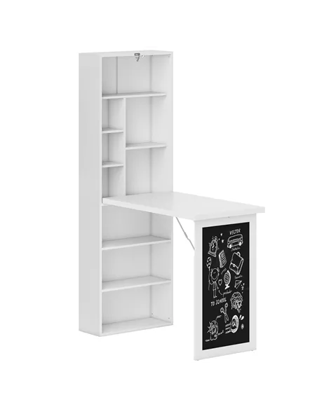 HOMCOM Wall Mounted Computer Desk, Folding Study Table with Black Board and Bookshelf, Multifunctional Floating Writing Desk for